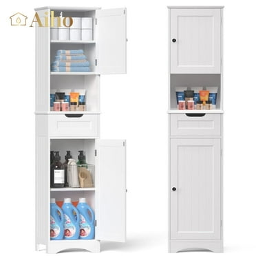 Aiho Bathroom Storage Cabinet, White Linen Cabinet, Narrow Tall Cabinet Storage Tower with Door ,Drawer and Open Storage - White