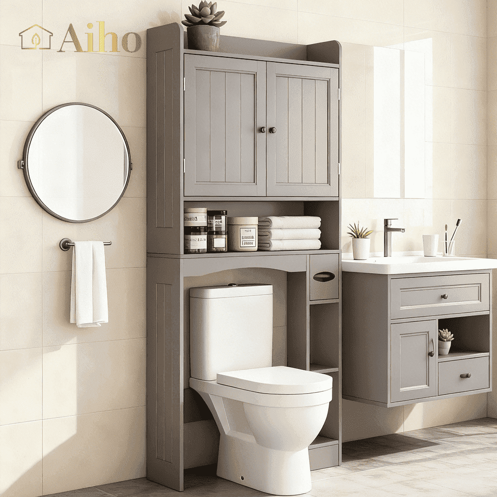 Over the Toilet Storage Cabinet, Aiho 70.3" H Bathroom Storage Cabinet with Adjustable Shelves & 2 Side Hooks, Best Gifts for Bathroom, Small Spaces, Gray