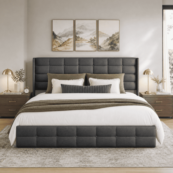 Full Lift Up Storage Bed Frame, Upholstered Platform Bed with No Box Spring, Anti-Slip, Noise-Free, Sturdy & Space-Saving - Dark Gray