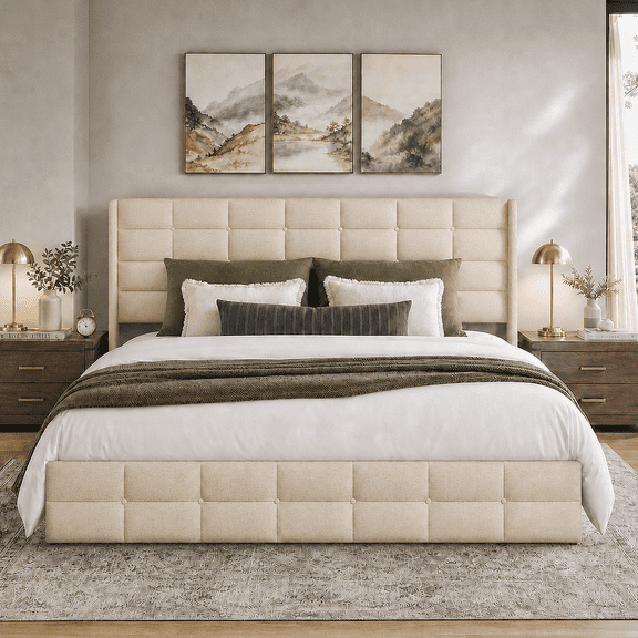 King Upholstered Platform Bed Frame with Charging Station (2 USB & Type-C), LED Lights, Storage Shelves in Headboard, Noise-Free Solid Wood Slats, No Box Spring Needed, 850 lbs, Easy Assembly, Gray