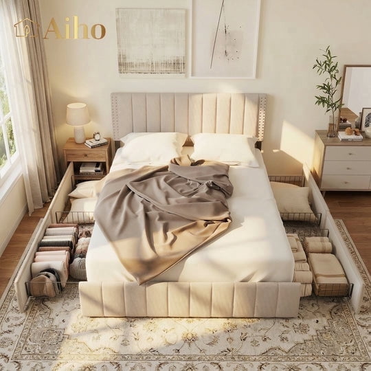 Aiho Queen Bed Frame, Upholstered Platform Bed with Sturdy Metal Frame and 4 Under-Bed Drawers - Beige