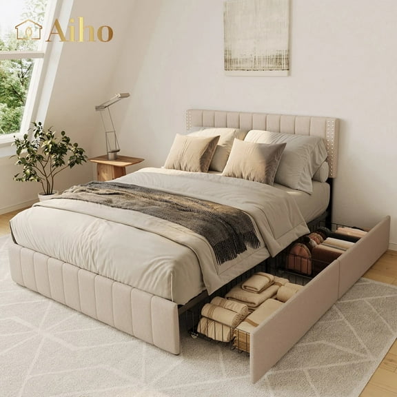 Aiho Bed Frame Full with 4 Storage Drawers for Bedroom, Beige