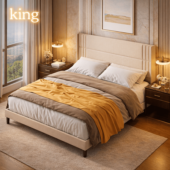 Aiho Bed Frame Queen with 4 Storage Drawers for Bedroom, Beige