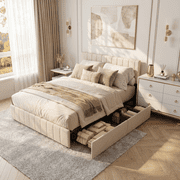 Aiho Full Bed Frame, Upholstered Platform Bed with Sturdy Metal Frame and 4 Under-Bed Drawers - Beige