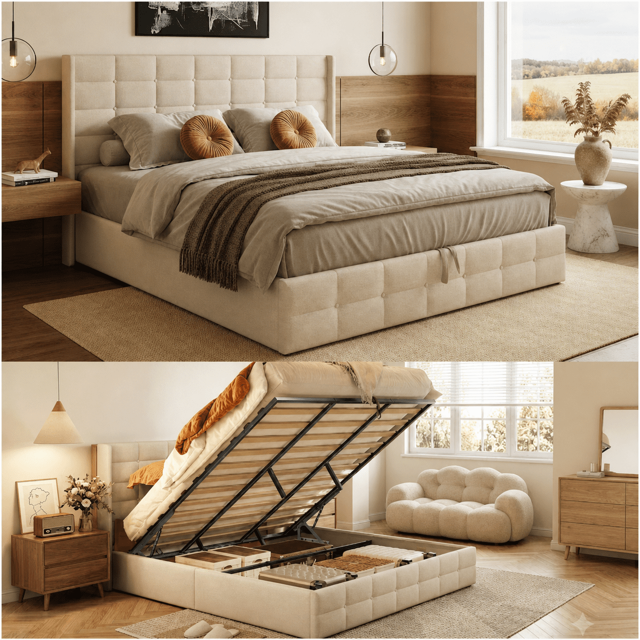 Queen Lift Up Storage Bed w/ Hydraulic, Upholstered Wingback Headboard Bed Frame, Wood Slats, Steel Frame, No Box Spring, Underbed Storage, Anti-Slip, Noise-Free, Sturdy & Space-Saving, Beige