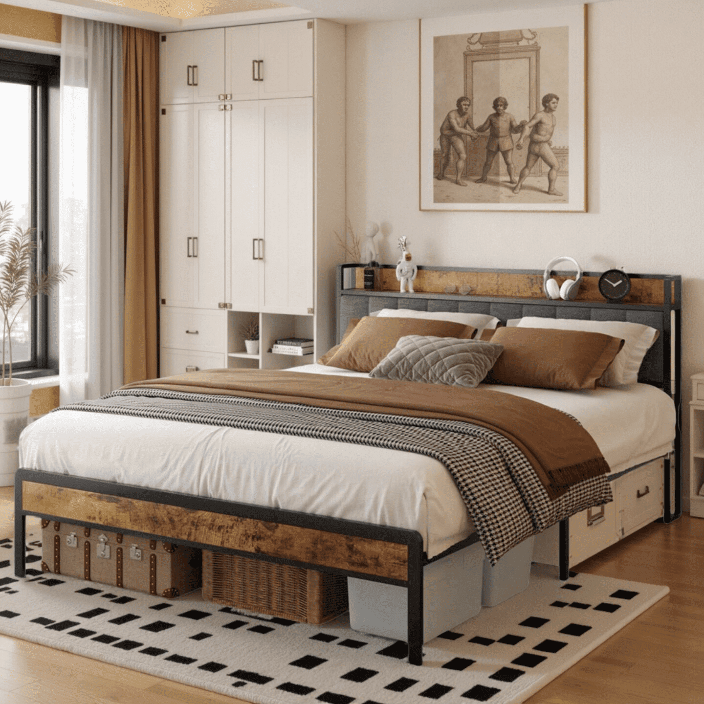 Aiho Queen Metal Platform Bed Frame with Storage Headboard – Max Underbed Space, Easy Assembly, Dark Grey