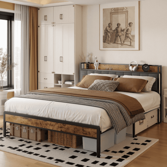 Aiho Queen Metal Platform Bed Frame with Storage Headboard – Max Underbed Space, Easy Assembly, Dark Grey