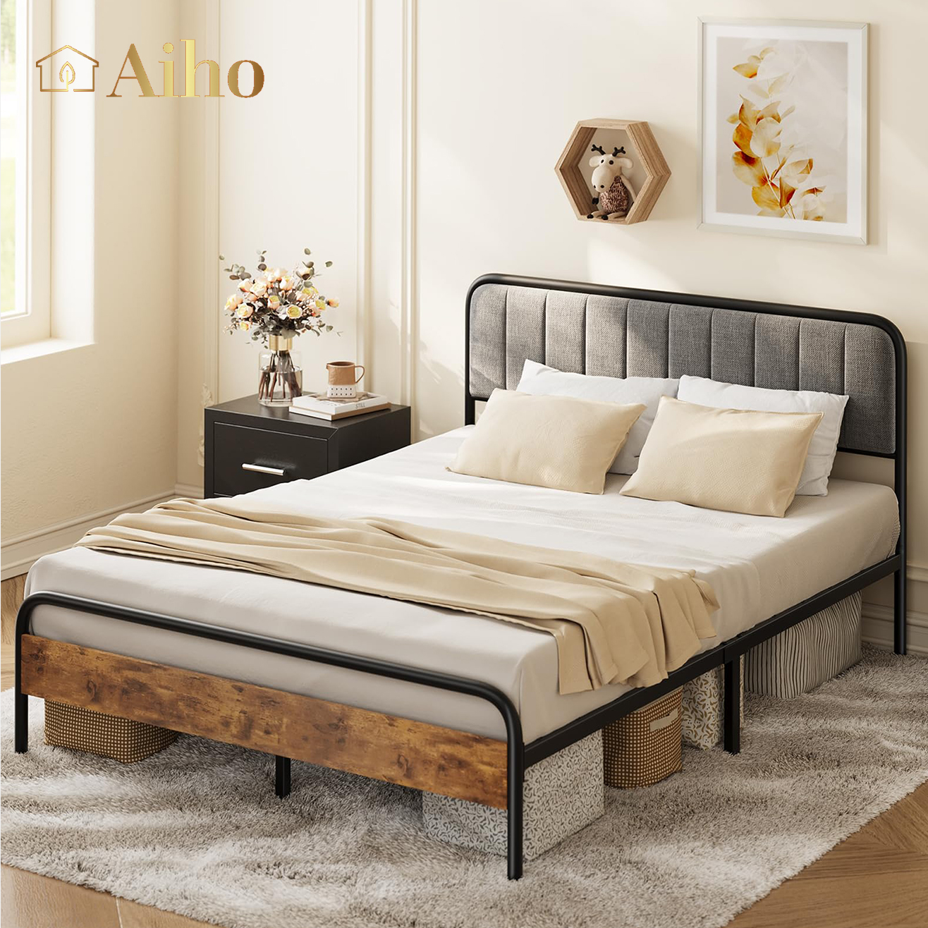 Full Size Bed Frame with Plush Button Tufted Headboard, Under Bed Storage & Silent Slats - No Box Spring Needed, Dark Gray