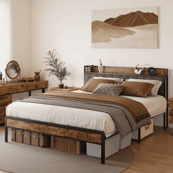 Aiho Full Metal Platform Bed Frame with Storage Headboard – Max Underbed Space, Easy Assembly, Dark Grey