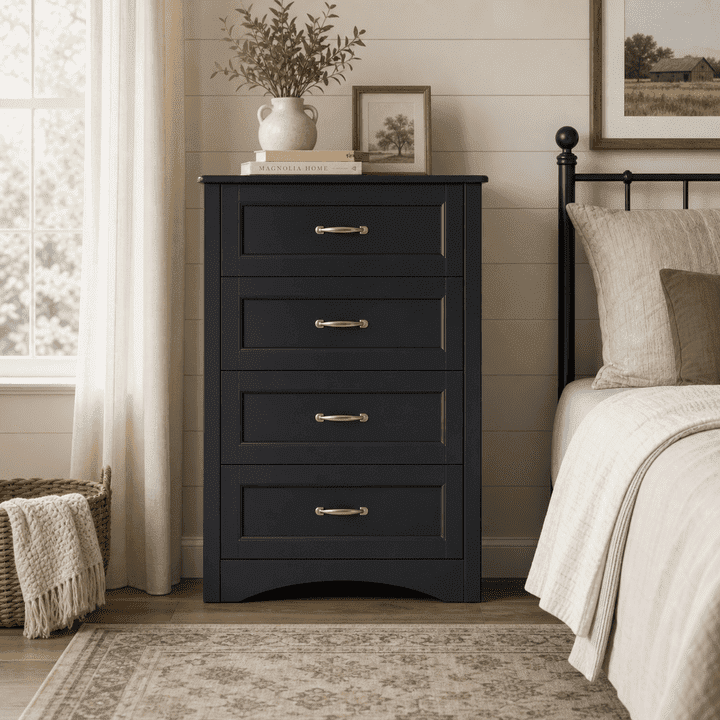 black dresser and night stand Aiho with 4 Drawers, Vertical Storage Dresser for Bedroom, Hallway, Entryway, Closet Organizer, Nightstand Bedside Table Furniture occ:Workwear and ball How To Make Black Color:WHT