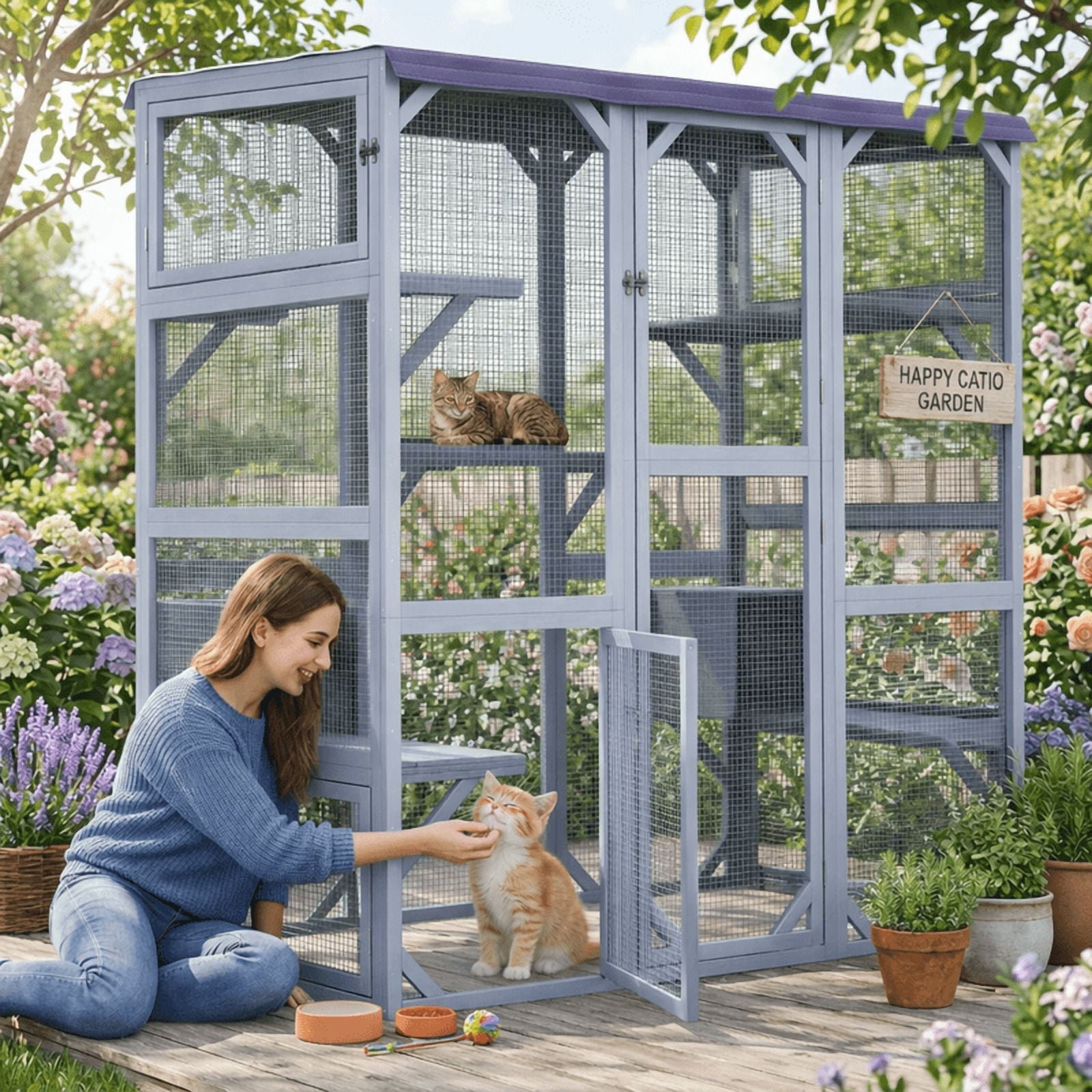 Aiho Cat Litter Box Enclosure with Hidden Entry and Two Cabinet Doors, Fits Various Litter Box Sizes, Gray