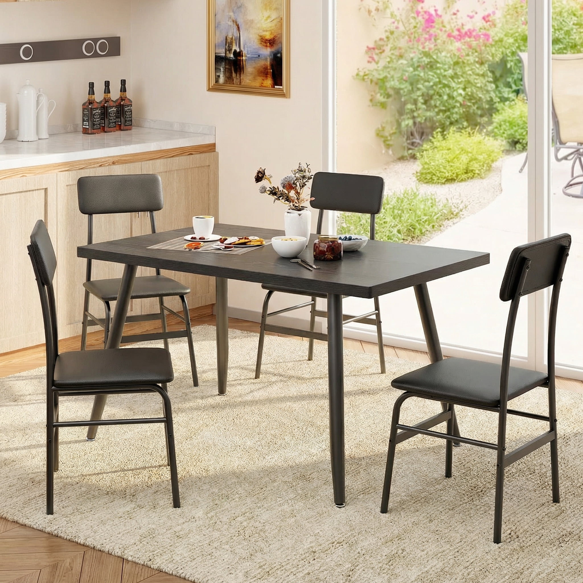 5-Piece Dining Table Set for 4 with PU Leather Chairs, Modern Kitchen ...