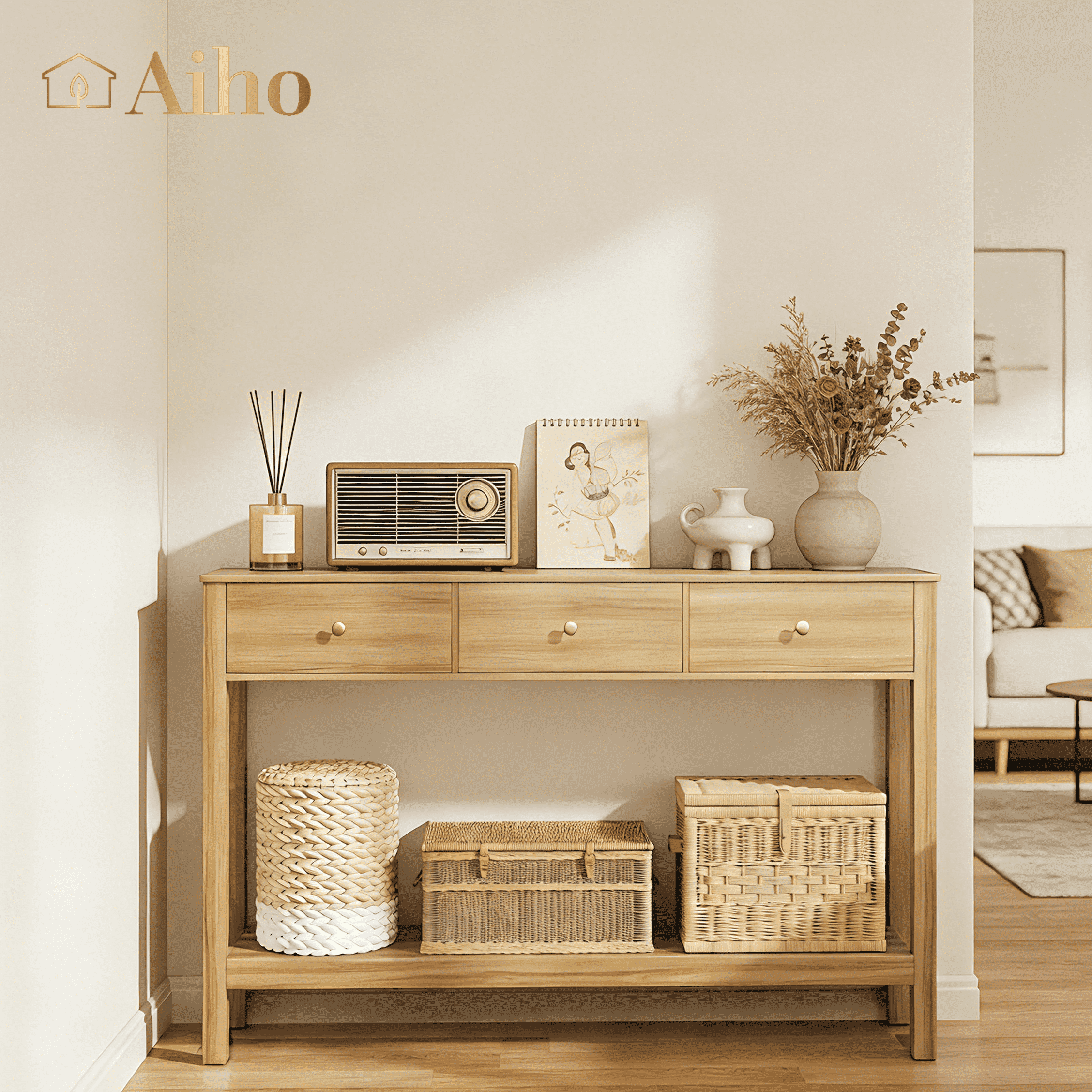 Aiho Console Table with 3 Drawers, Wood Entryway Table with Storage Shelf, Sofa Tables Narrow Long for Living Room, Entryway, Hallway, Foyer - Natural