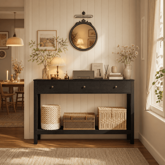 Aiho Console Table with 3 Drawers, Wood Entryway Table with Storage Shelf, Sofa Tables Narrow Long for Living Room, Entryway, Hallway, Foyer - Black