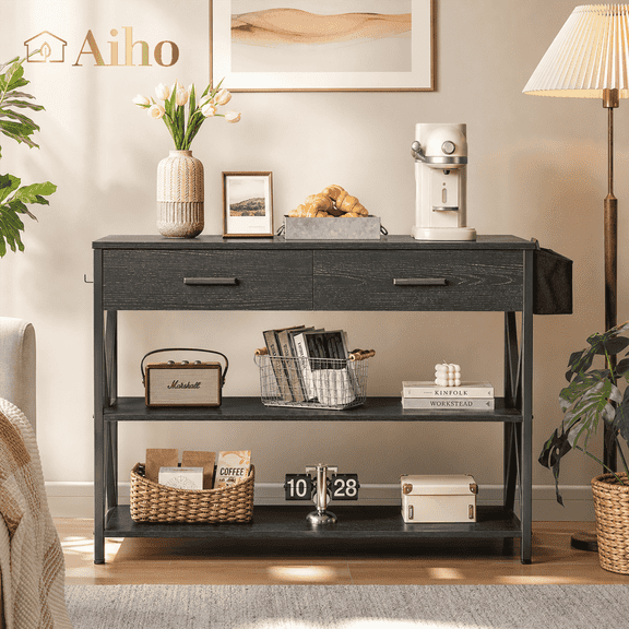 Aiho 39" Entryway Table with 2 Drawers, Modern Console Table with 3 Tier Storage Shelves, Sofa Table for Livingroom, Entruway, Small Spaces, Black