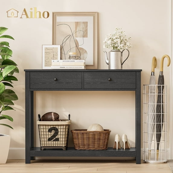 Aiho Console Table 39" With Drawers, Wood Entryway Table Hallway Table with Open Storage, Sofa Table for Living Room, Foyer and Corridor - Black