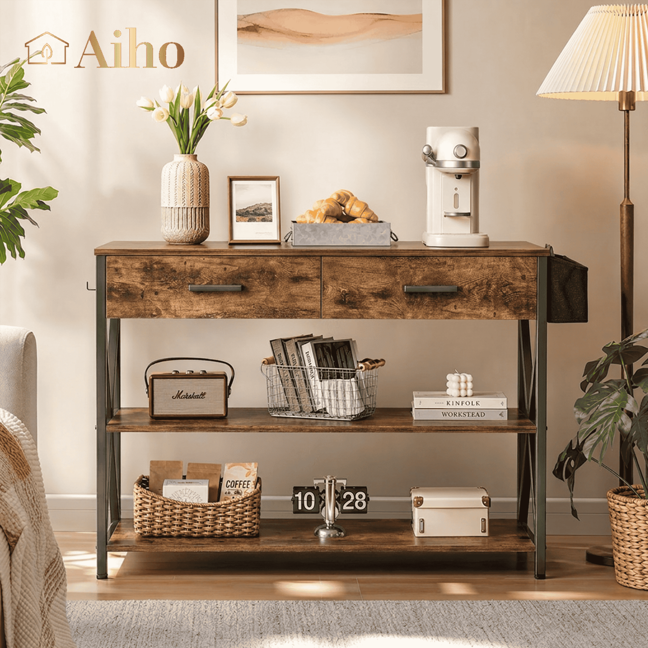 Aiho 39" Entryway Table with 2 Drawers, Modern Console Table with 3 Tier Storage Shelves, Sofa Table for Livingroom, Entruway, Small Spaces, Retro