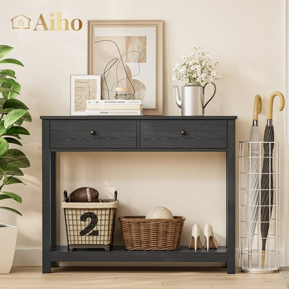 Aiho Console Table 39" With Drawers, Wood Entryway Table Hallway Table with Open Storage, Sofa Table for Living Room, Foyer and Corridor - Black