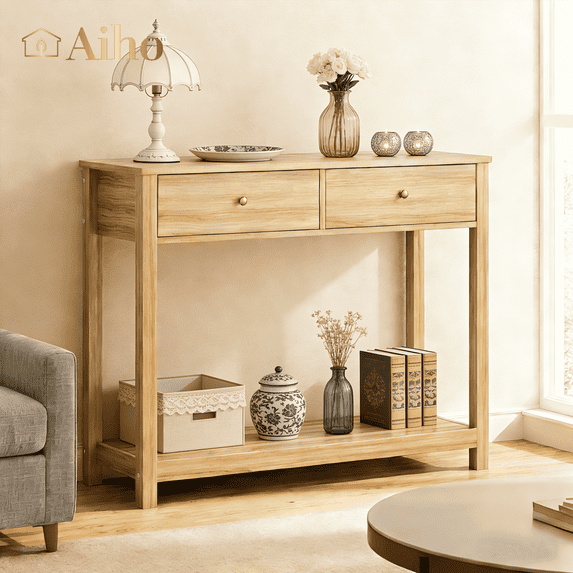 Aiho Console Table 39" with Drawers, Wood Entryway Table Hallway Table with Open Storage, Sofa Table for Living Room, Foyer and Corridor - Natural