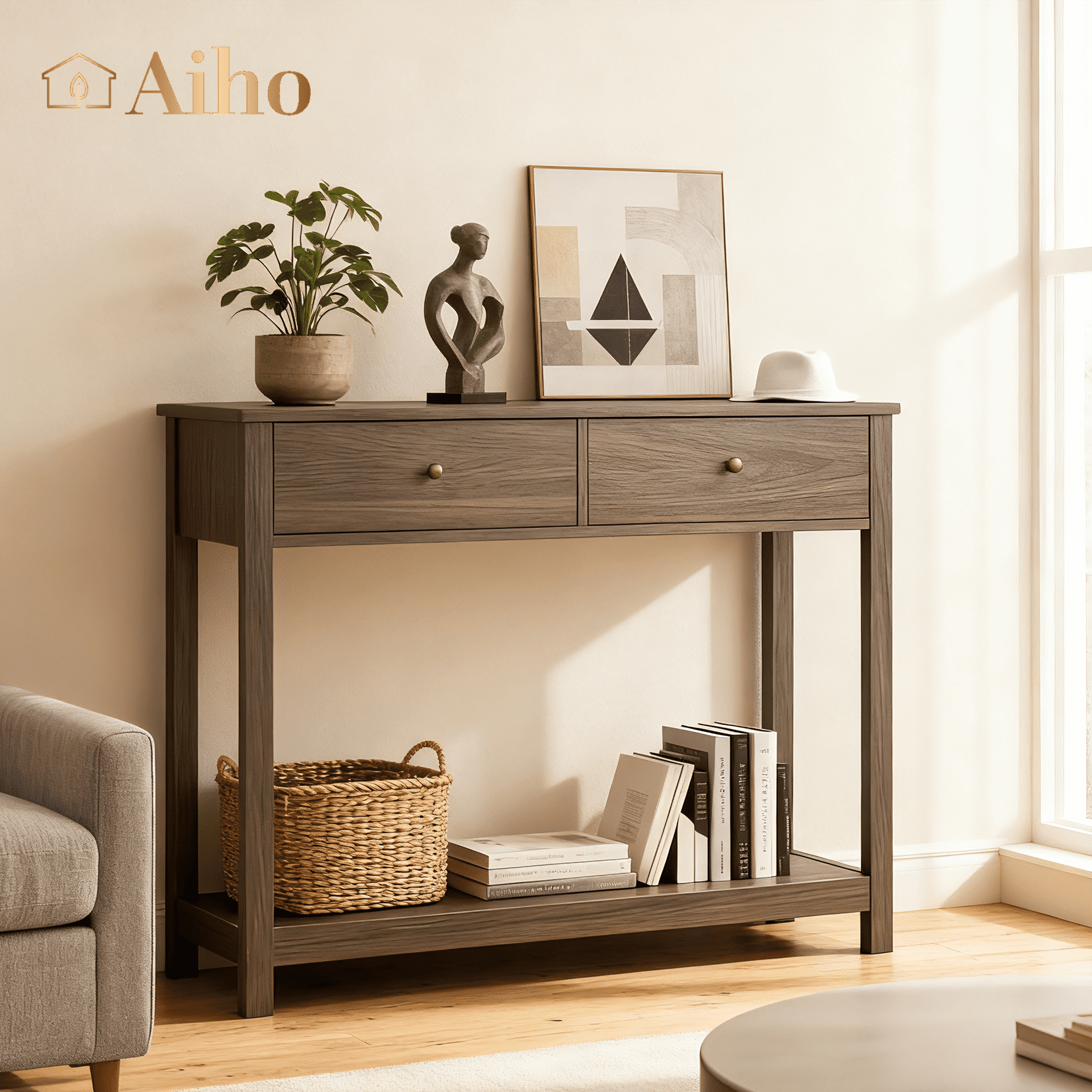 Aiho Console Table 39" with Drawers, Wood Entryway Table Hallway Table with Open Storage, Sofa Table for Living Room, Foyer and Corridor - Retro