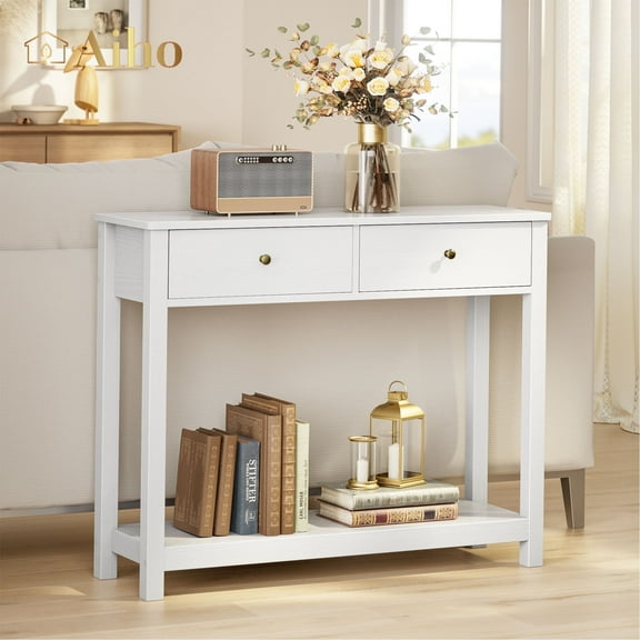 Aiho Console Table 39" with Drawers, Wood Entryway Table Hallway Table with Open Storage, Sofa Table for Living Room, Foyer and Corridor - White