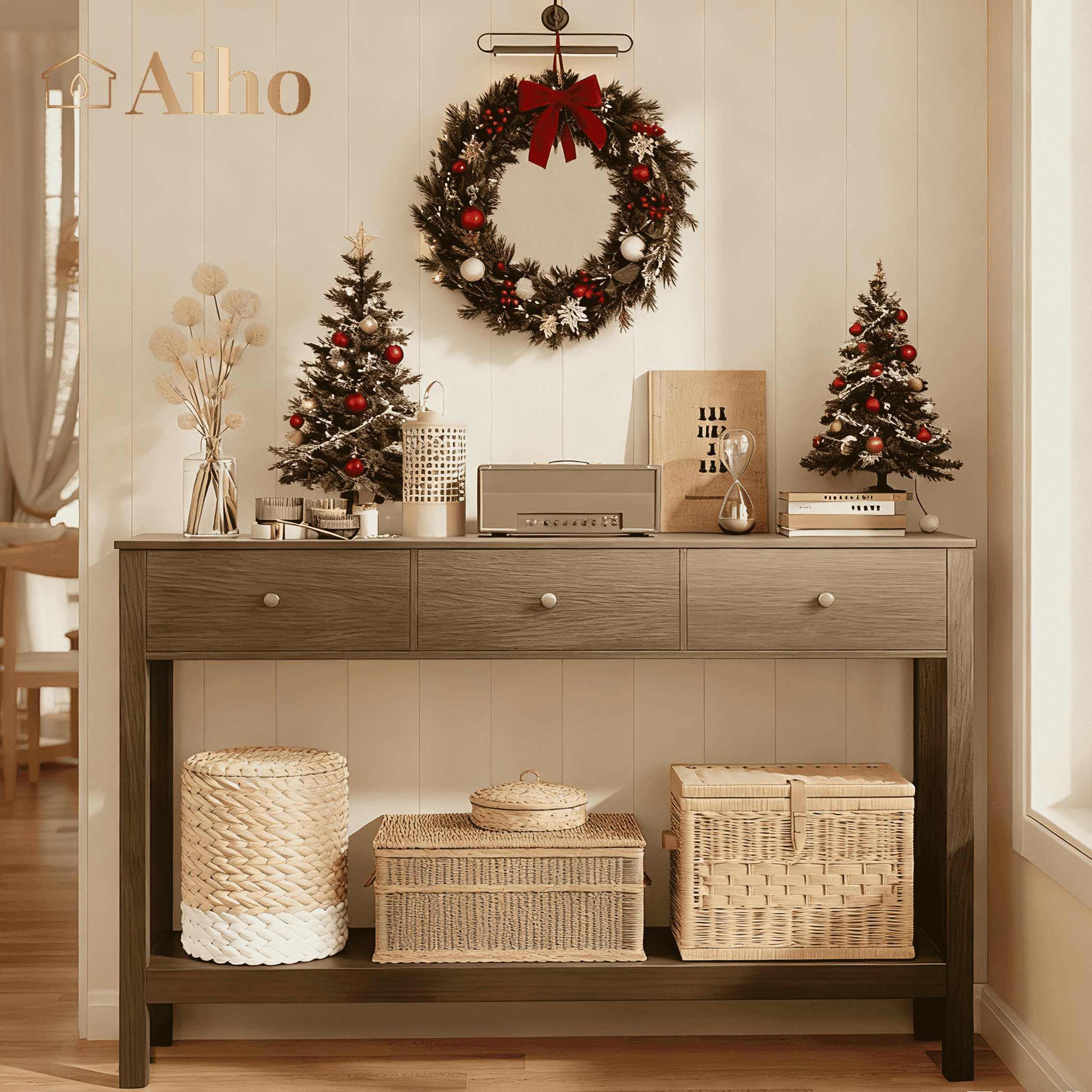 Aiho Console Table with 3 Drawers, Wood Entryway Table with Storage Shelf, Sofa Tables Narrow Long for Living Room, Entryway, Hallway, Foyer - Retro