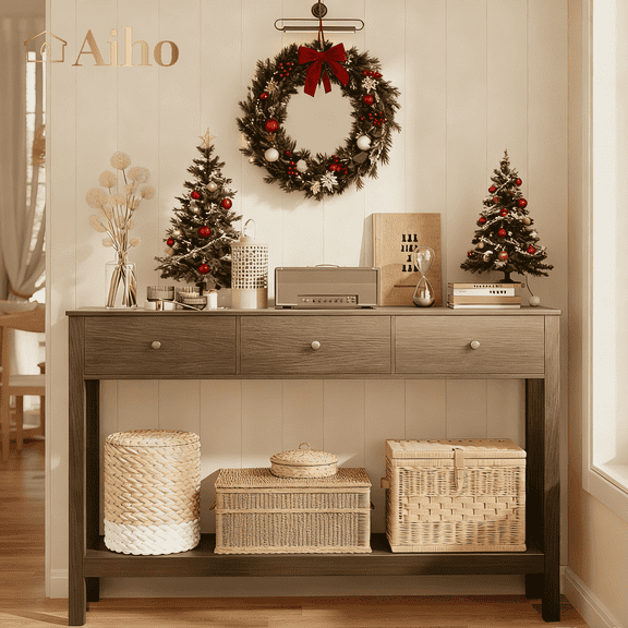 Aiho Console Table with 3 Drawers, Wood Entryway Table with Storage Shelf, Sofa Tables Narrow Long for Living Room, Entryway, Hallway, Foyer - Retro