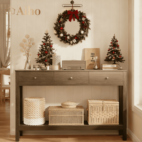 Aiho Console Table with 3 Drawers, Wood Entryway Table with Storage Shelf, Sofa Tables Narrow Long for Living Room, Entryway, Hallway, Foyer - Retro