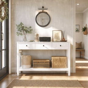 Aiho Console Table with 3 Drawers, Wood Entryway Table with Outlets & USB Ports, Sofa Tables Narrow Long for Living Room, Entryway, Hallway, Foyer - White