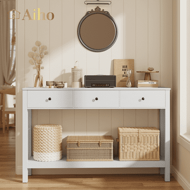 Aiho Console Table with 3 Drawers, Wood Entryway Table with Storage Shelf, Sofa Tables Narrow Long for Living Room, Entryway, Hallway, Foyer - White