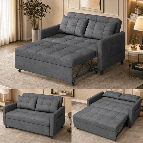 Multifunctional Linen Futon Sofa, 71.7" Expandable Pull-out Guest Bed with 2 Cushions, 3-in-1 Convertible Loveseat for Home Indoor Use, Dark Grey