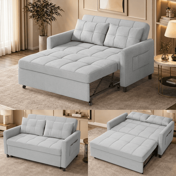 Multifunctional Linen Futon Sofa, 71.7" Expandable Pull-out Guest Bed with 2 Cushions, 3-in-1 Convertible Loveseat for Home Indoor Use, Grey