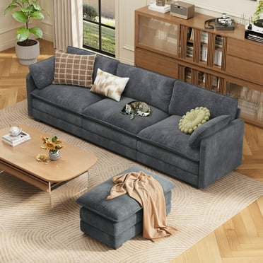 Aiho 110” L-Shape Cloud Sectional Sofa with Ottoman&Deep Seat, Upholstered Couches for Living Room, Dark Gray
