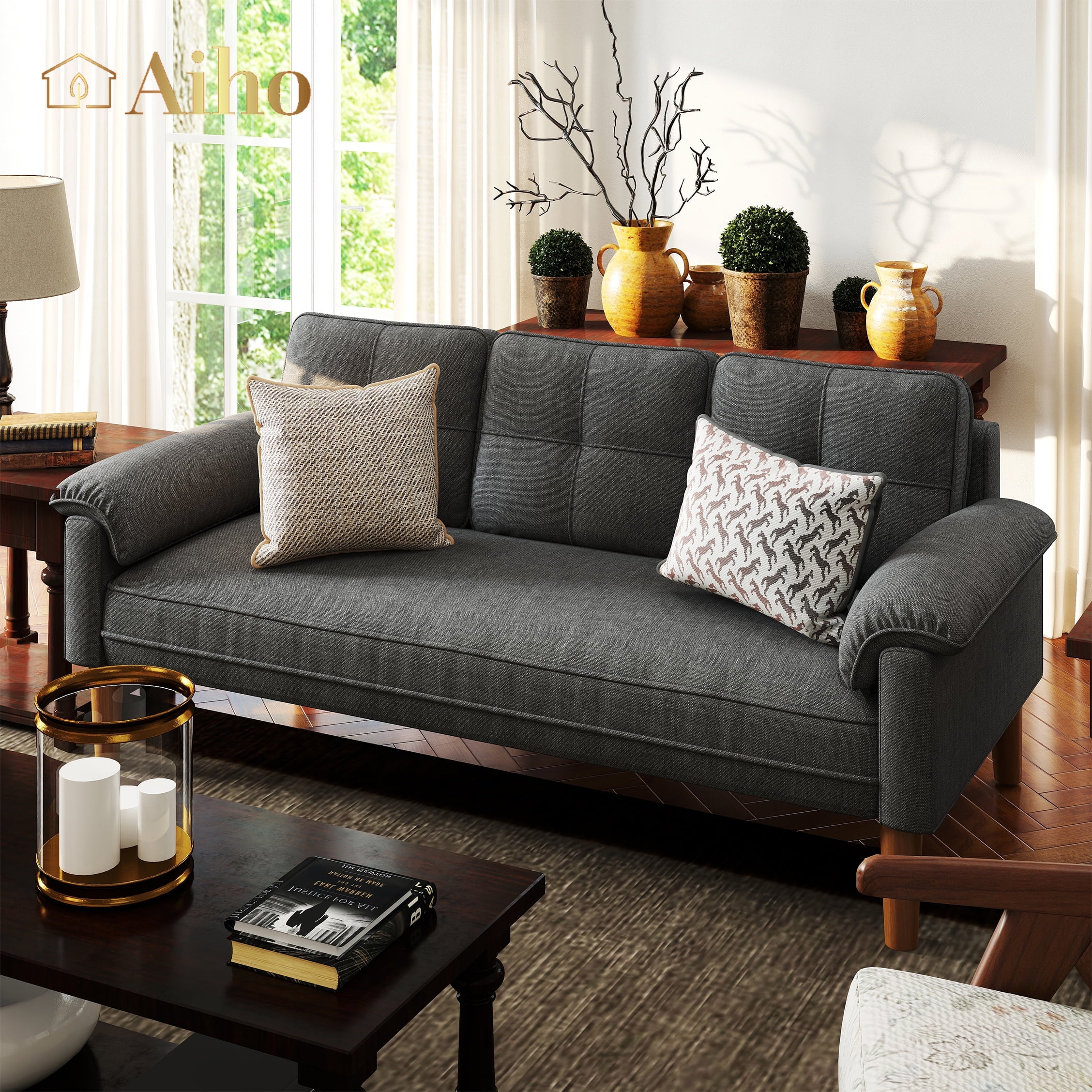 68" Modern Sofa with Side Storage Pockets & 4" Thick Comfort Cushions for Living Room, Dark Gray