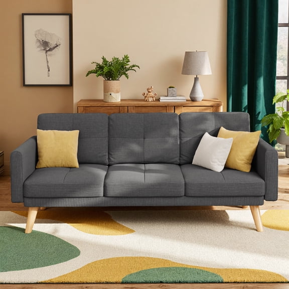 68" Modern Sofa with Side Storage Pockets & 4" Thick Comfort Cushions for Living Room, Dark Gray