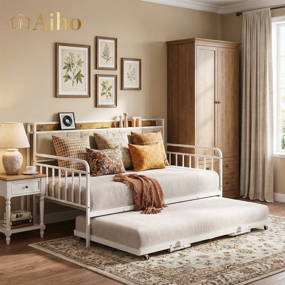 Aiho Twin Size Metal Daybed Frame, Twin Sofa Daybed Frame with Storage Headboard & Charging Station & Pull-Out Trundle for Living Room, Bedroom and Guest Room - Beige