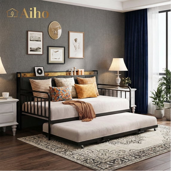 Aiho Twin Size Metal Daybed Frame, Twin Sofa Daybed Frame with Storage Headboard & Charging Station & Pull-Out Trundle for Living Room, Bedroom and Guest Room - Gray
