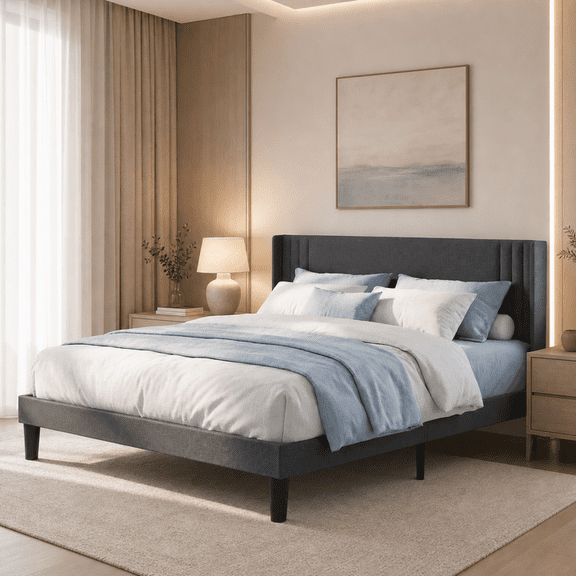 Aiho Bed Frame with Upholstered Headboard, Queen, Metal Support, No Box Spring Needed - Gray