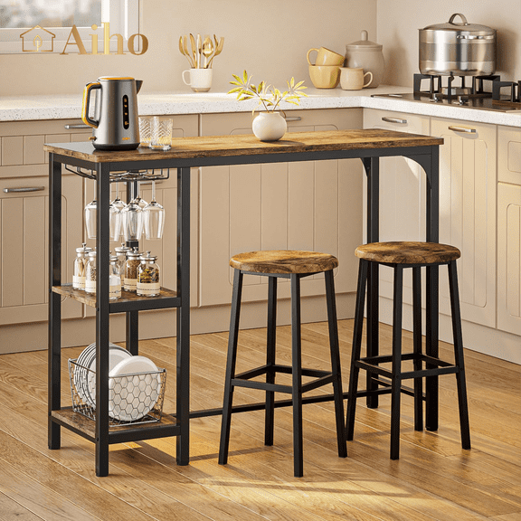 Aiho Dining Table Set for 2 Person, 3 Pieces Bar Bar Table and Chairs Set with 2 Storage Shelves & Glass Rack, For Kitchen, Dining Room, Bar, Rustic Brown