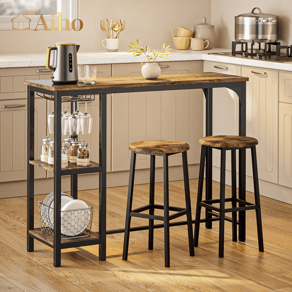 Aiho Dining Table Set for 2 Person, 3 Pieces Bar Bar Table and Chairs Set with 2 Storage Shelves & Glass Rack, For Kitchen, Dining Room, Bar, Rustic Brown
