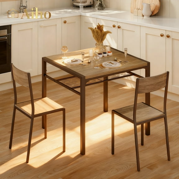 Aiho Dining Table Set for 2, 3 Piece Compact Kitchen Table Set with 2 Chairs & Storage Shelf for Small Space, Gray