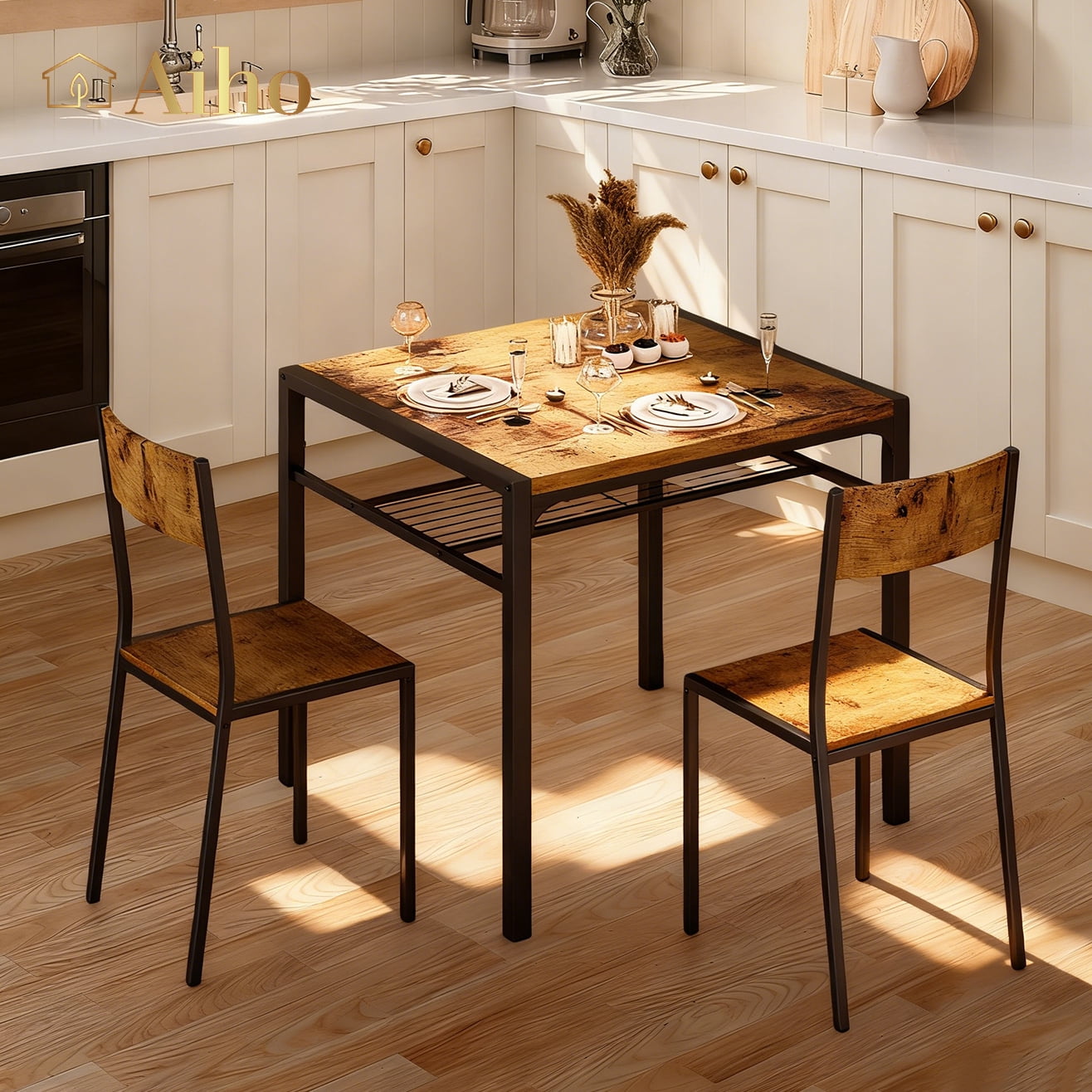 Aiho Dining Table Set for 2, 3 Piece Compact Kitchen Table Set with 2 Chairs & Storage Shelf for Small Space, Retro - Walmart.com