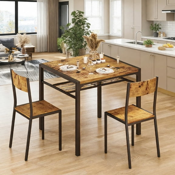 Aiho Dining Table Set for 2, 3 Piece Compact Kitchen Table Set with 2 Chairs & Storage Shelf for Small Space, Retro