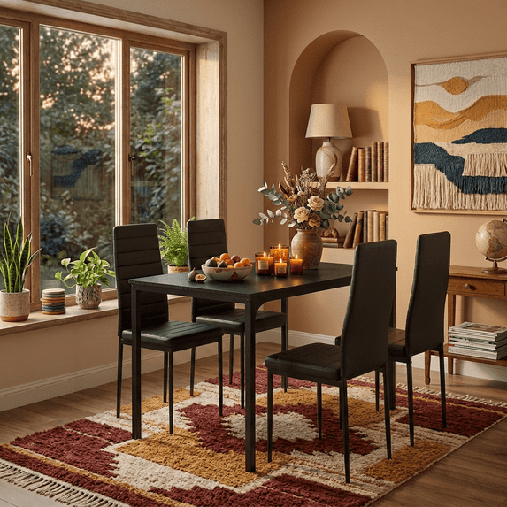5 Pieces Dining Table Set for 4, Modern Wooden Kitchen Table and 4 Upholstered PU Leather Chairs, Small Dinette for Dining Room, Breakfast Nook, Apartment-Black Tabletop