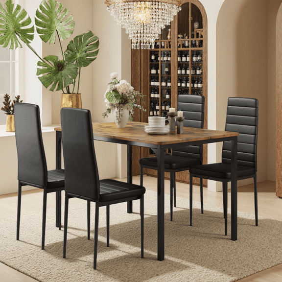 Space-Saving 5-Piece Dining Set for 4, Compact Wood Table & 4 PU Leather Chairs for Small Spaces, Retro Brown