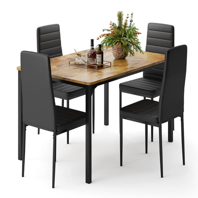 Aiho 5-Piece Dining Table Set for 4, Faux Marble Top & 4 Upholstered Chairs - Bar & Breakfast Nook, Retro Brown