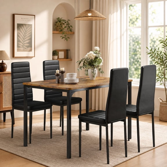 5-Piece Dining Table Set for 4, 47.2" Modern Kitchen Table and Chairs with Faux Leather High Back Chairs, Space Saving Design, Sturdy Metal Frame, Easy Assembly, Retro Brown