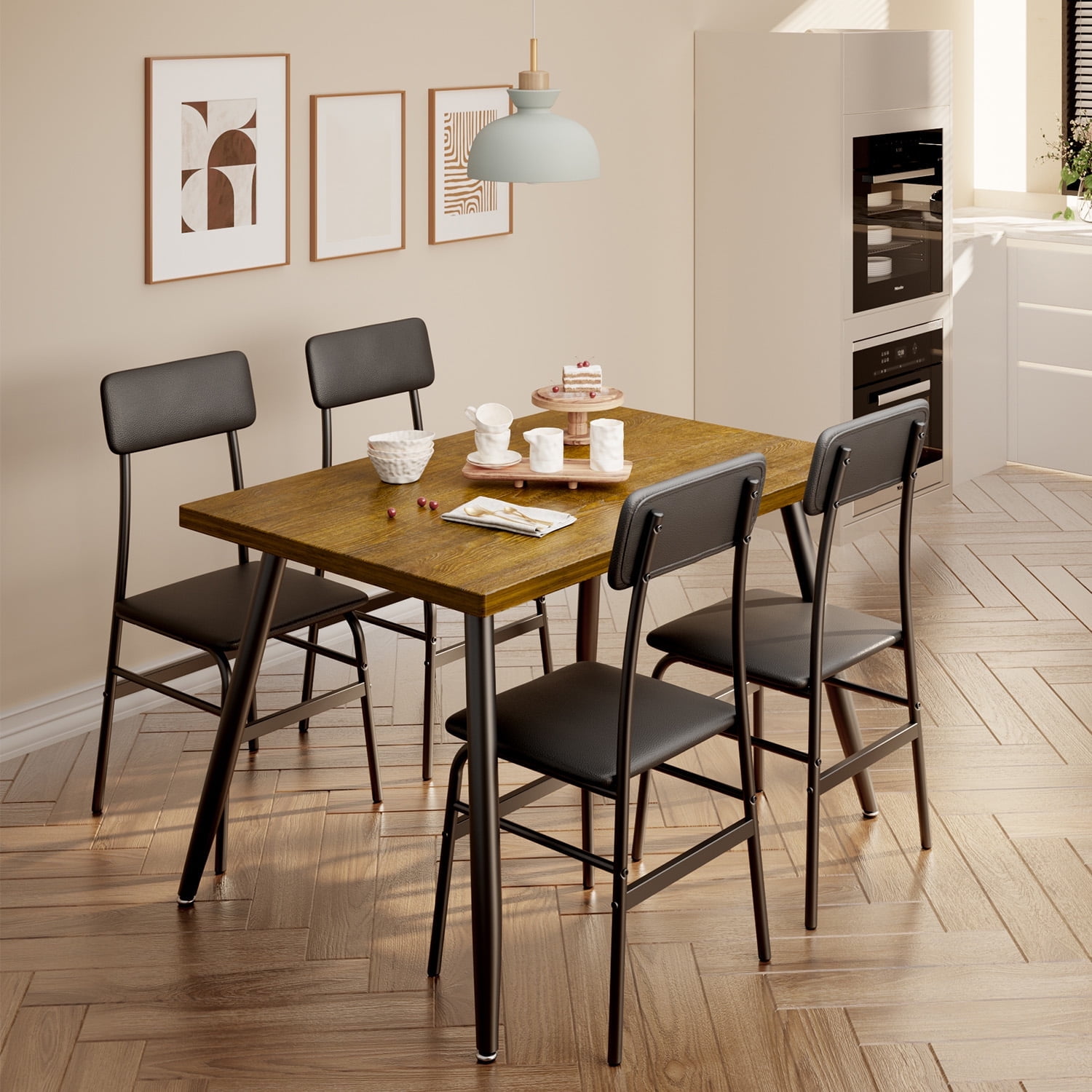 Black and Brown MDF and Steel Dining Table Set for 4