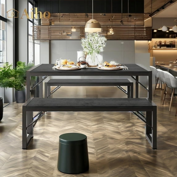 Aiho 3 Piece Kitchen Dining Set with 2 Benches & Wood Table Top, Small Kitchen Table Set for 4, Modern Dining Room Sets for Kitchen, Living Room - Black