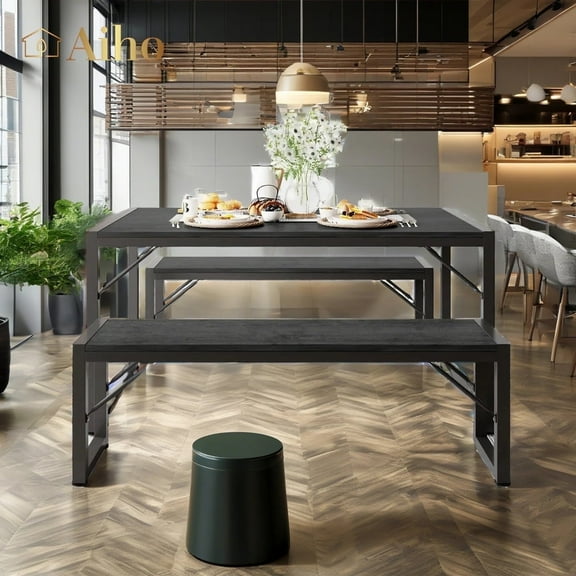 Aiho 3 Piece Kitchen Dining Set with 2 Benches & Wood Table Top, Small Kitchen Table Set for 4, Modern Dining Room Sets for Kitchen, Living Room - Black